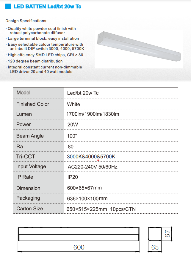 MIRA 3 Led Batten Tri Colour Tri Power