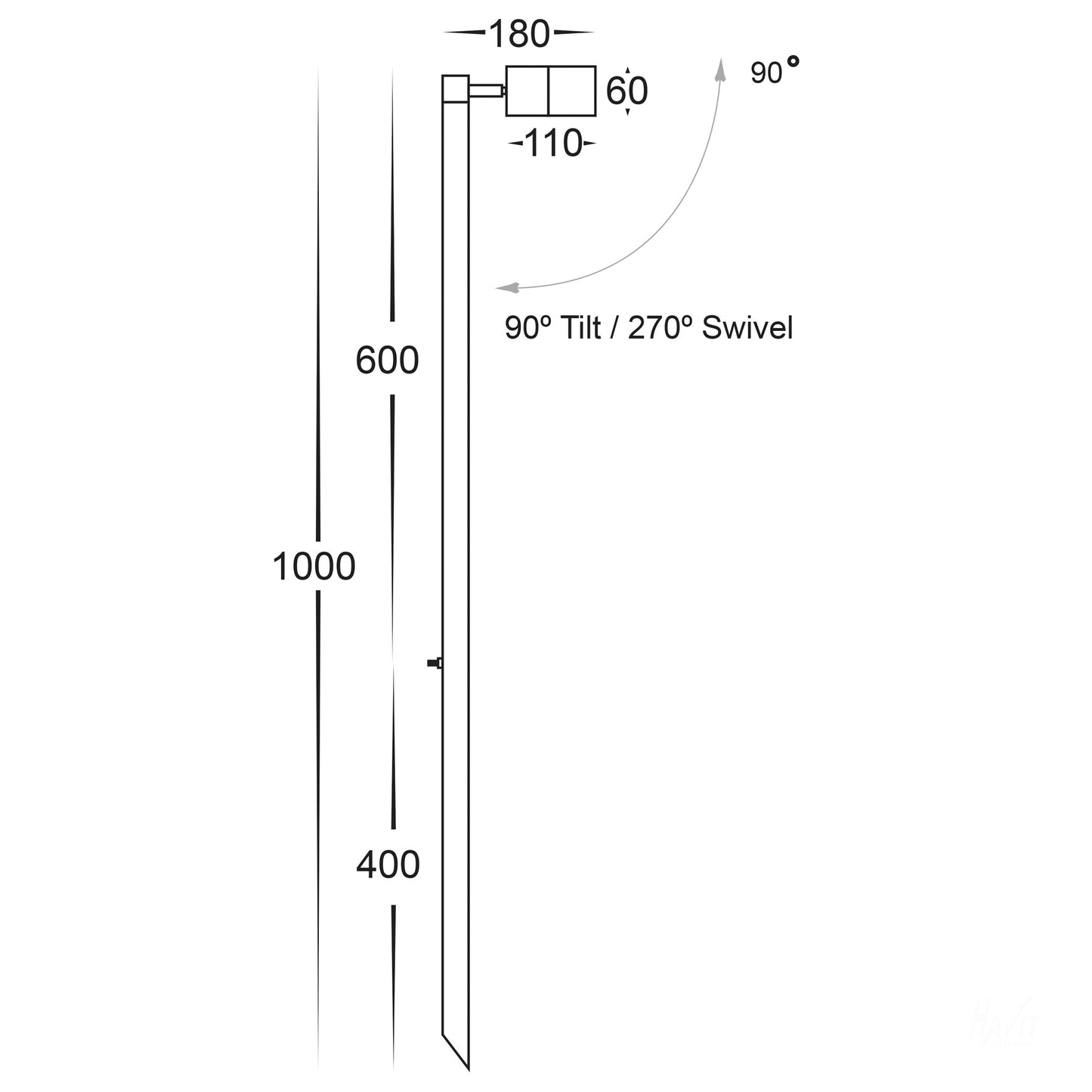 Single Adjustable Spike Spotlight - 1000mm Spike Black