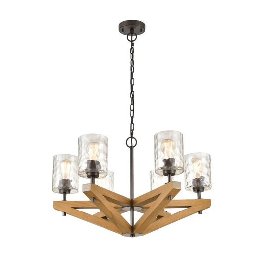 VOTIF: Retro Interior Candelabra Oak Wood with Clear Blown Dimpled Glass Pendant Light