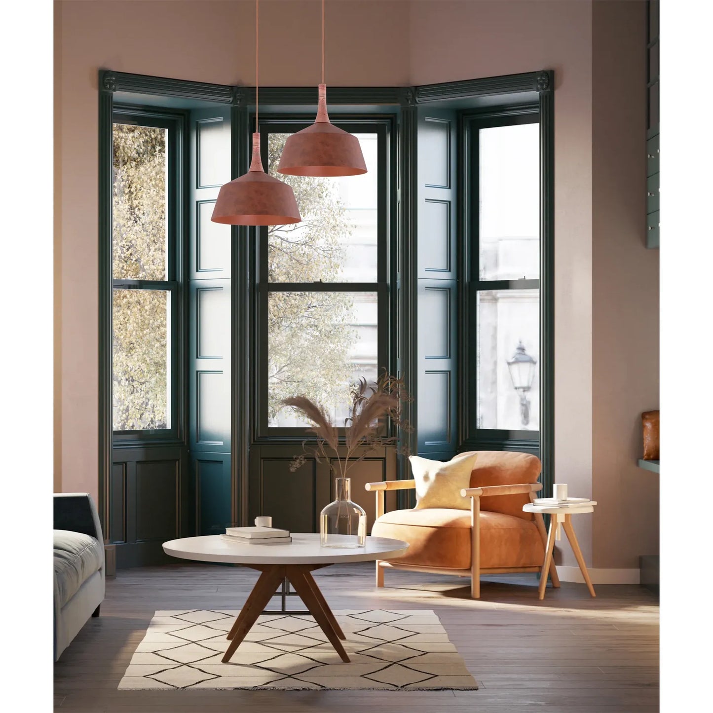 OXIDO: Interior Rustic Brown with Travertine Highlight Angled Dome Pendant Lights