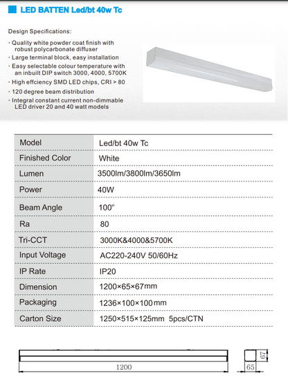 MIRA 3 Led Batten Tri Colour Tri Power