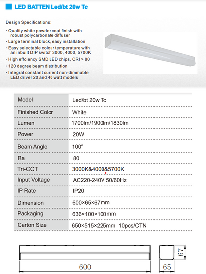 MIRA 3 Led Batten Tri Colour Tri Power