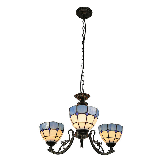 3 Light Blue & White Geometric Tiffany Facing Up Pendant