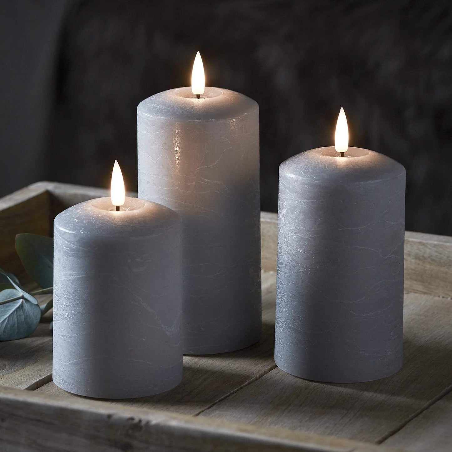 Set Of 2 LED Grey Wax Pillar Candles - 3 Size Options