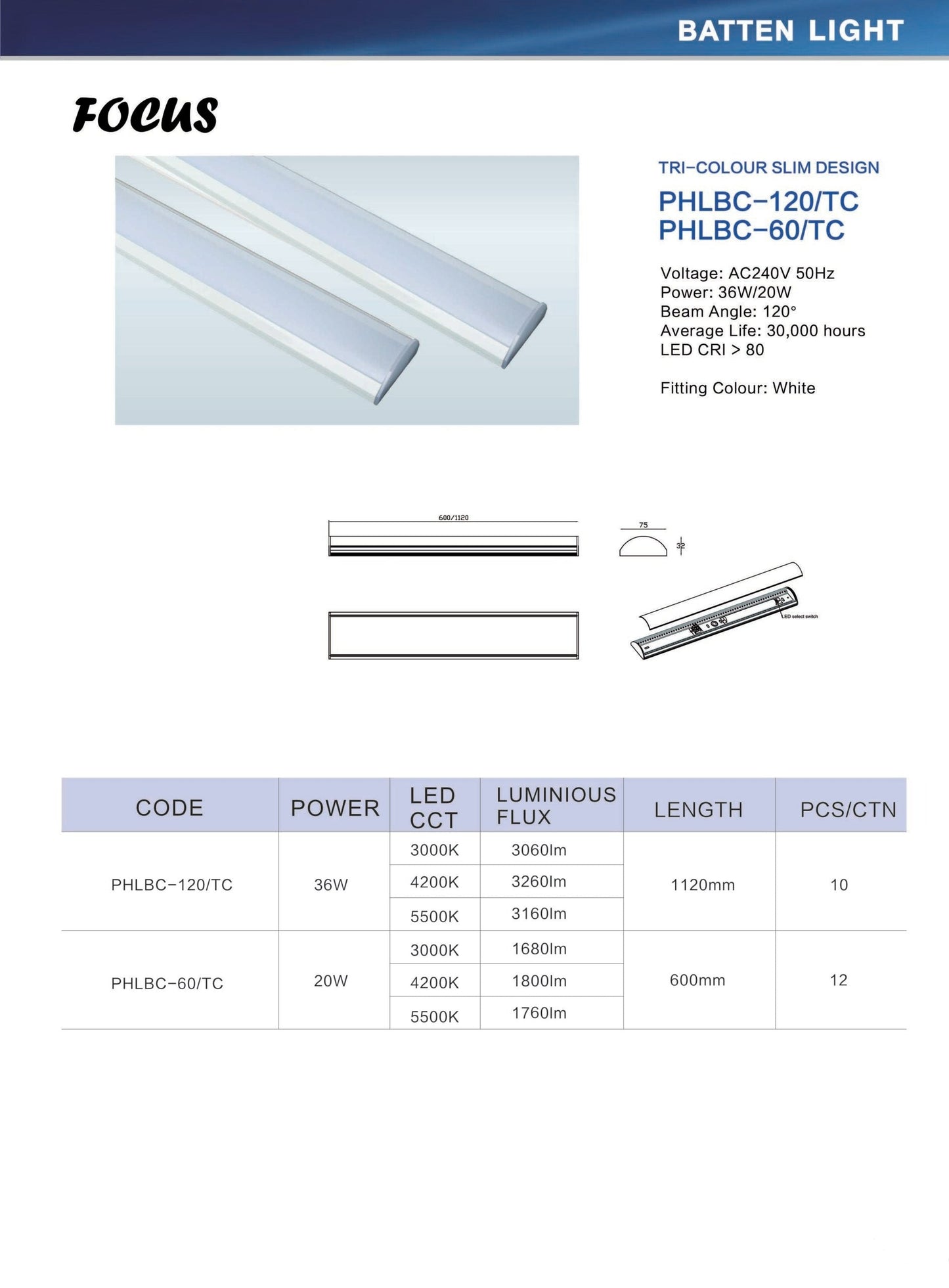 Focus Batten Light Tri-Colour - 2 Sizes