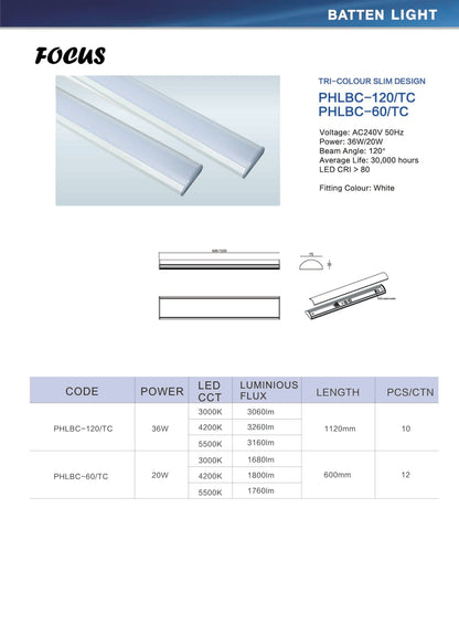 Focus Batten Light Tri-Colour - 2 Sizes