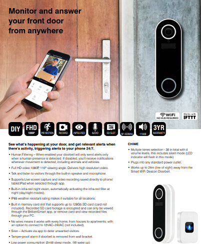 Deacon Smart Wifi Video Doorbell and Chime
