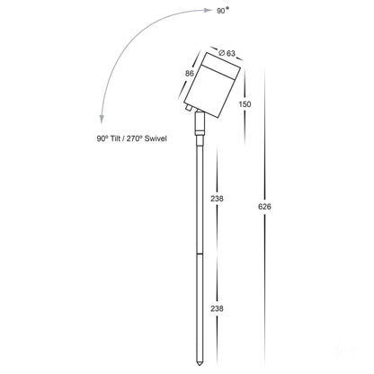Single Adjustable Spike Spotlight - 476mm Spike 316 Stainless Steel Poly Powder Coated Black