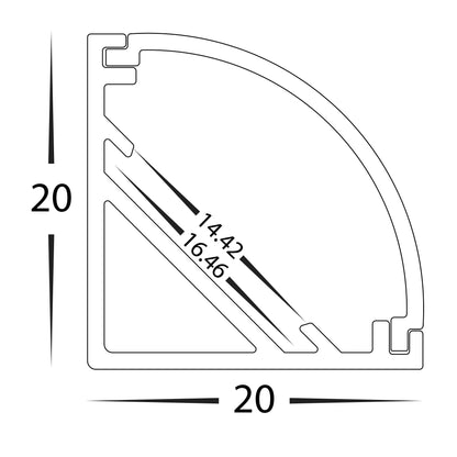 90° Corner Aluminium Profile with Standard Diffuser per metre Supplied with 2x mounting clips per metre + 2x end caps per length