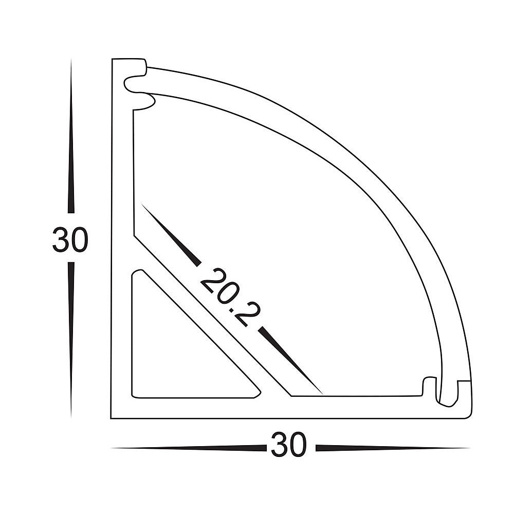 90° Corner Aluminium Profile with Standard Diffuser per metre Supplied with 2x mounting clips per metre + 2x end caps per length
