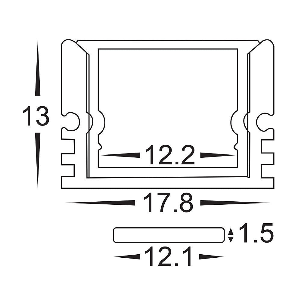 Shallow Square Aluminium Profile with Standard Diffuser per metre Supplied with 2x mounting clips per metre + 2x end caps per length