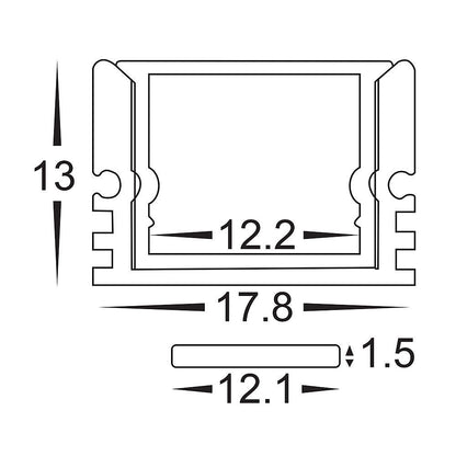 Shallow Square Aluminium Profile with Standard Diffuser per metre Supplied with 2x mounting clips per metre + 2x end caps per length