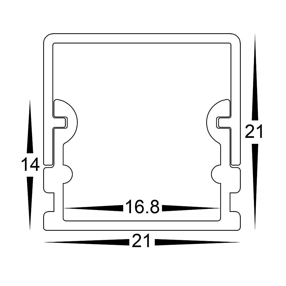 Shallow Square Aluminium Profile with Standard Diffuser per metre Supplied with 2x mounting clips per metre + 2x end caps per length