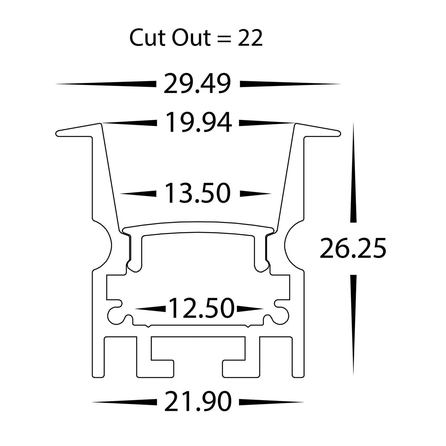 Deep Black Square Winged Aluminium Profile with Standard Diffuser per metre Supplied with 2x spring clips per metre + 2x end caps per length 