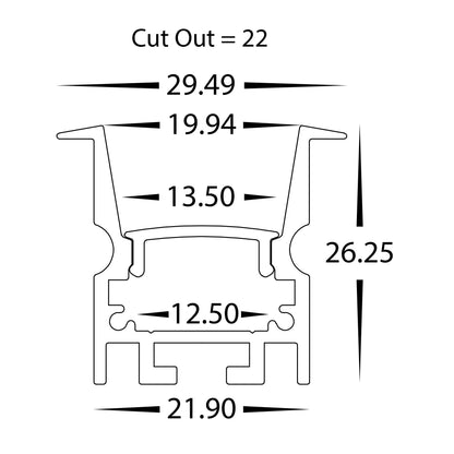 Deep Black Square Winged Aluminium Profile with Standard Diffuser per metre Supplied with 2x spring clips per metre + 2x end caps per length