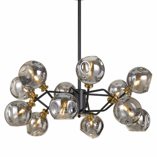 Annabel 12 Light Smoked Dimpled Glass & Antique Brass Highlight Pendant