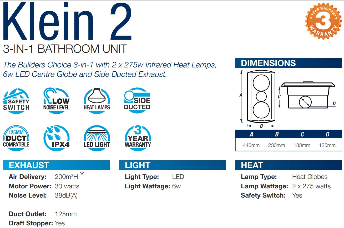 Klein 2 - 3 In 1 Bathroom Heater with LED Light