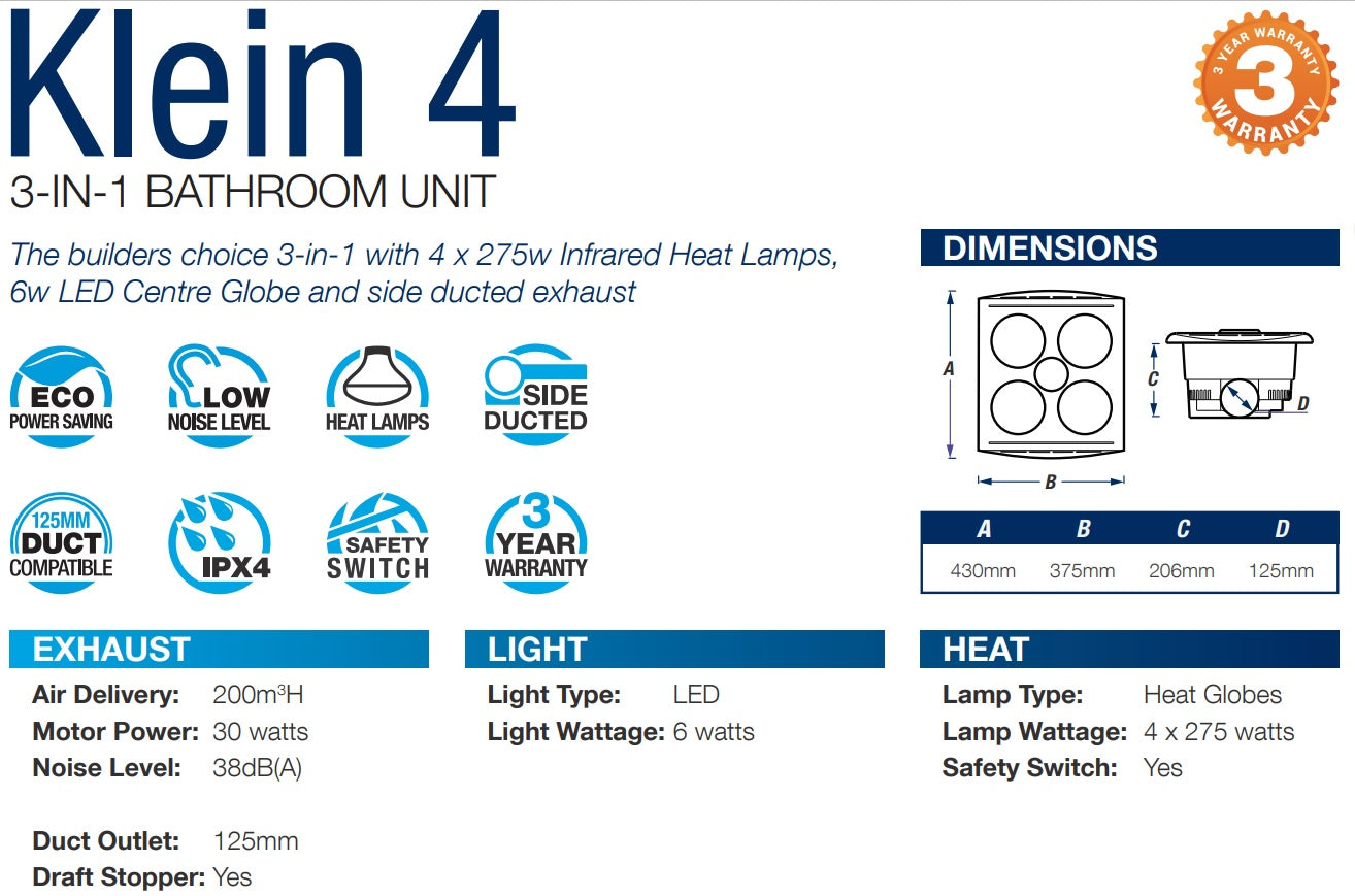 Klein 4 Heat/Light/Exhaust 3 In 1 White