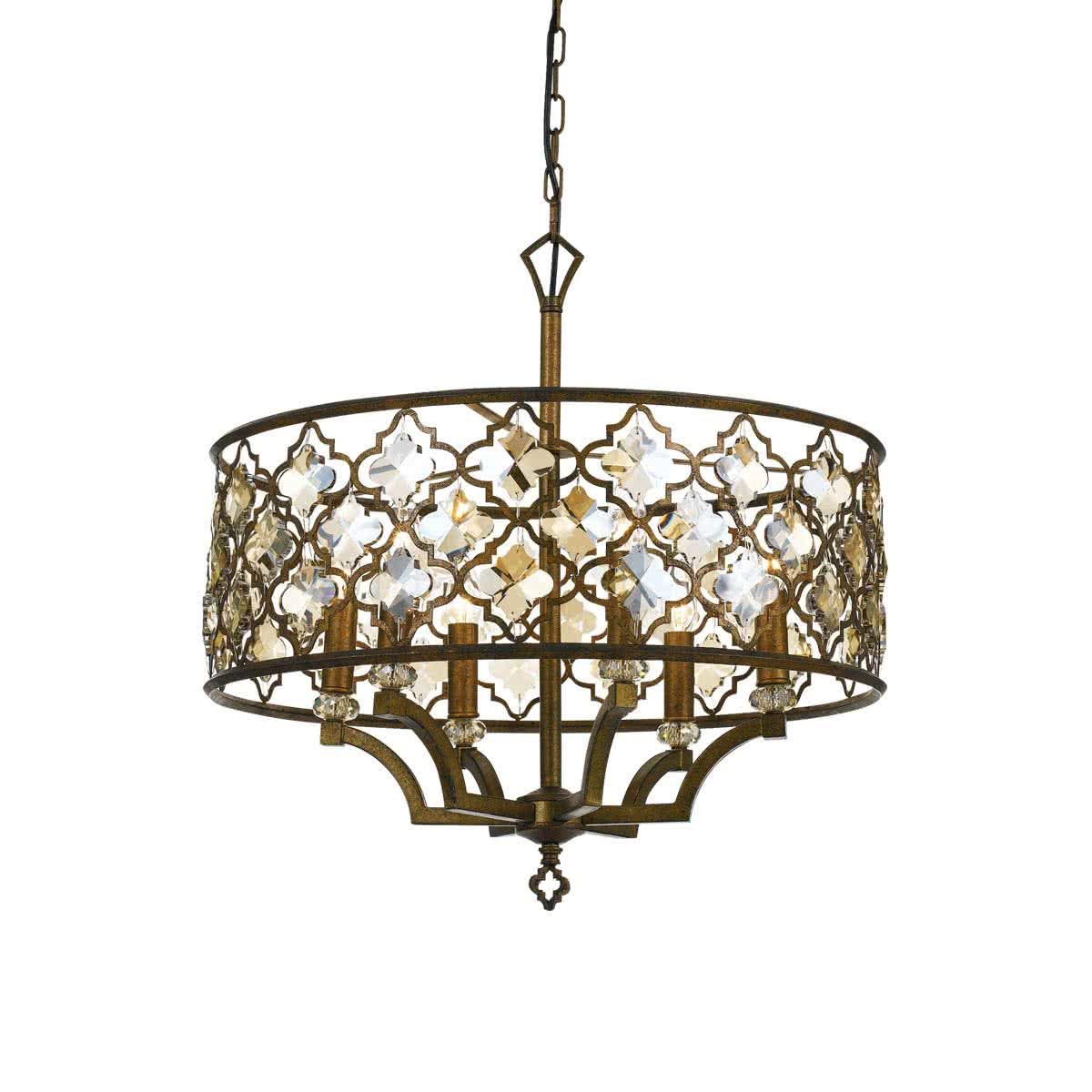 Mimosa 6 Light Boho Mocca With Amber Crystal Round Pendant Light