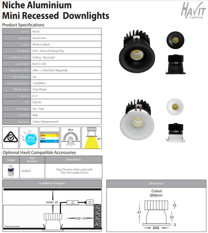 Niche White Round Mini Recessed Downlight 3w White 38mm Cut out