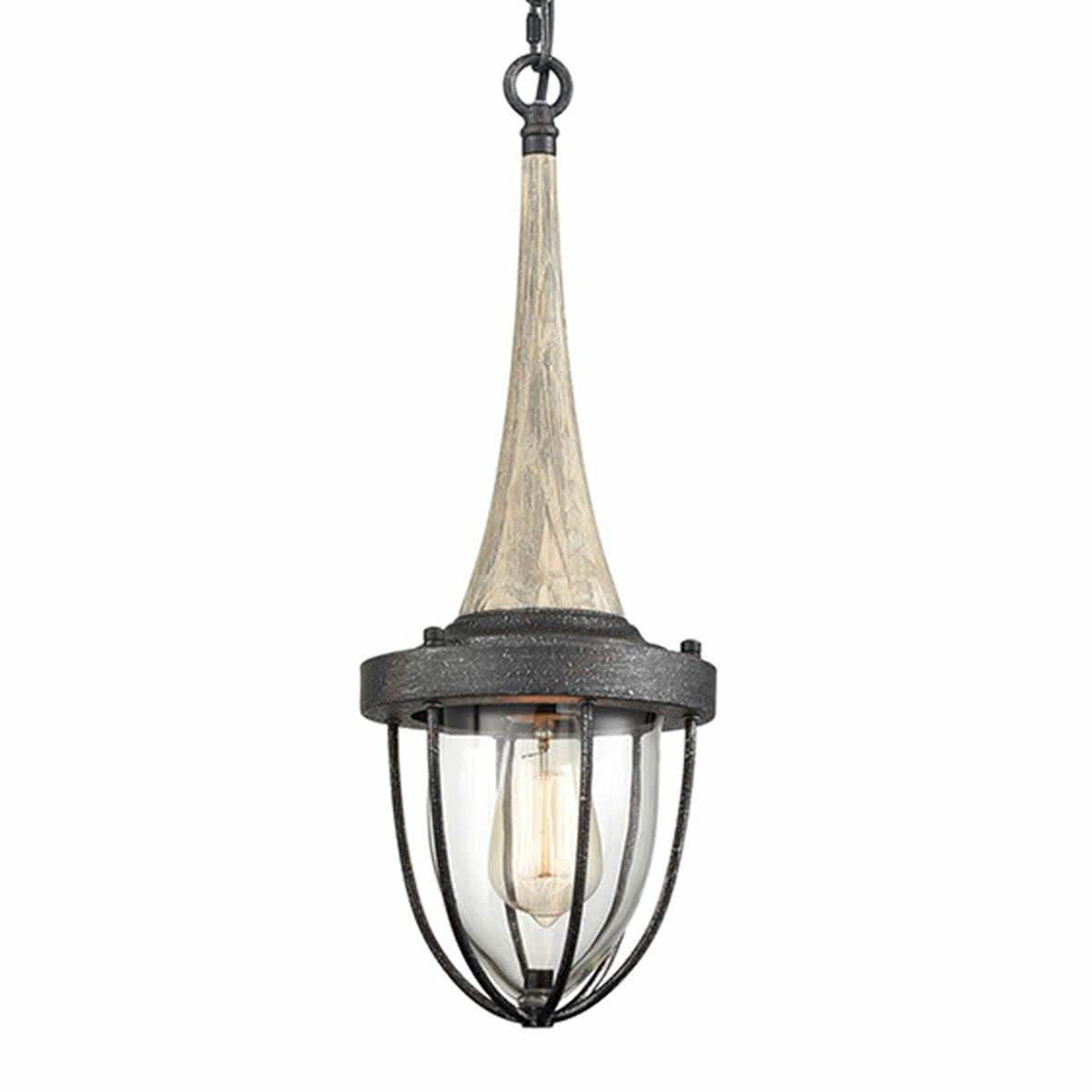 Pendolo Industrial Metal Cage and Timber Top Pendant Light